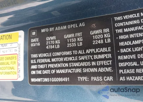 2016 Buick Cascada Premium из США, поврежденный, VIN W04WT3N51GG098491